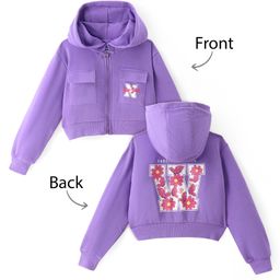 Pine Kids Cotton Knit Full Sleeves Front Open Hooded Sweatjacket with Front Back Floral & Text Print Print - Purple-image-21