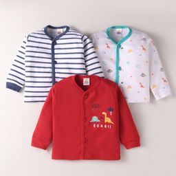 Mini Donuts Interlock Knit Full Sleeves Front Open Vests with Stripes & Dino Print Pack of 3 - Red Blue & White-image-53