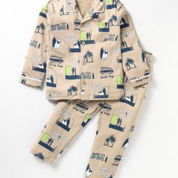 Doreme Single Jersey Knit Full Sleeves Front Open Night Suit With Beach Theme Print - Tan-picture-14