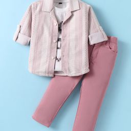 Robo Fry Knit Full Sleeves Party Shirt & Trouser Set With Text Printed T-Shirt - Pink-picture-47