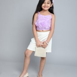 Taffykids Sleeveless Rose Applique Detailed Party Crop Top With Emboss Skirt Set - Purple & White-image-98