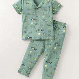 Doreme Single Jersey Knit Half Sleeves Night Suit With Text Print - Mint Green-picture-21