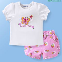 Babyoye 100% Cotton Knit With Eco Jiva Finish Half Sleeves T-Shirt & Shorts with Butterfly & Floral Print with Bow Applique - Pink & White-image-34