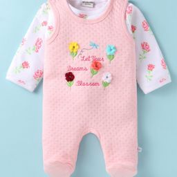 Wonderchild Floral Embroidered Textured Romper With Full Sleeves Tee - White & Pink-image-2