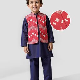 Babyhug Woven Full Sleeves Kurta & Pajama Set with Mirror Work & Embroidered Waistcoat - Navy Blue-image-26