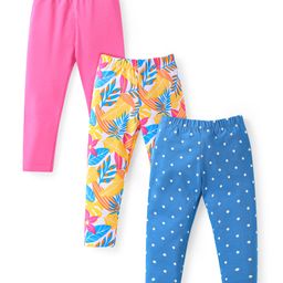 Babyhug Cotton Lycra Knit Full Length Leggings With Polka Dots & Floral Print Pack of 3 - Blue Yellow & Pink-image-61