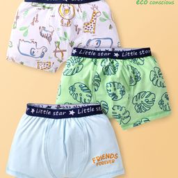 Babyoye Cotton Elastine Knit Trunk With Leaves & Elephant Print Pack Of 3 - White Green & Light Blue-image-68