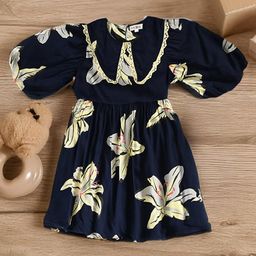 Bella Moda Cotton Half Balloon Sleeves Floral Printed Dress - Navy Blue-picture-17