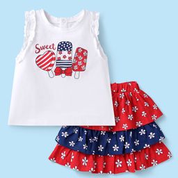 Babyhug Single Jersey Knit Sleeveless Top & Skirt With Floral Print - White Blue & Red-image-84