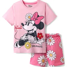 Honeyhap Disney 100% Cotton Half Sleeve Shorts Night Suit With Minnie Mouse Graphics - Pink-picture-33