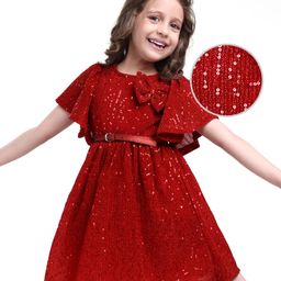 Hola Bonita Knit Half Sleeves Party Dress With Sequin Detailing Bow Applique & Belt - Red-image-47