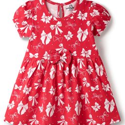 Doodle Poodle 100% Cotton Knit Half Sleeves Frock With Bow Print & Applique - Red-picture-47