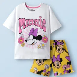Honeyhap Disney Single Jersey Knit Oversize Drop Shoulder Half Sleeves Shorts Night Suit with Minnie Mouse Graphics - White & Yellow-picture-2