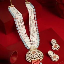 Zaveri Pearls Peach Pastel Blue Multistrand Beads Long Necklace & Earring-image-40