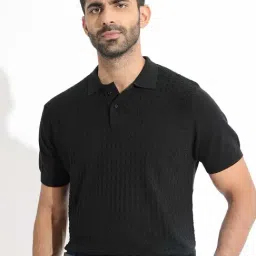 Rare Rabbit Black Slim Fit Jacquard Polo T-Shirt-image-75