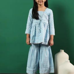 READIPRINT FASHIONS Kids Blue Printed Kurti with Gharara-image-91