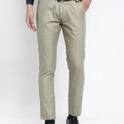Jainish Green Cotton Tapered Fit Checks Flat Front Trousers-image-66