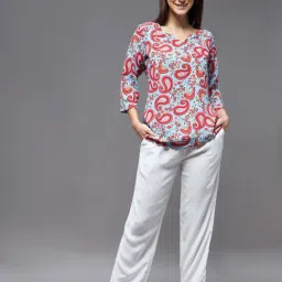 Miss Chase Blue & White Rayon Printed Top With Pyjamas-image-94
