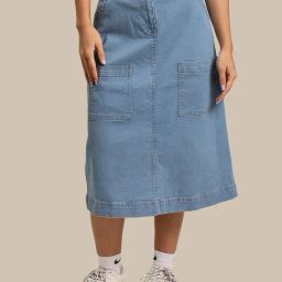 Bene Kleed Light Blue Cotton Maxi Denim Cargo Skirt-image-47