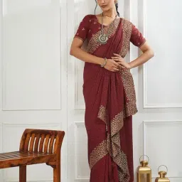 FABMORA Maroon Silk Blend Embroidered Saare with Blouse Piece-image-72
