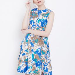 DODO & MOA Women Blue & Olive Brown Printed Fit & Flare Dress-image-50