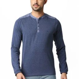 Basics Blue Muscle Fit Color-Block Henley T-Shirt-image-19