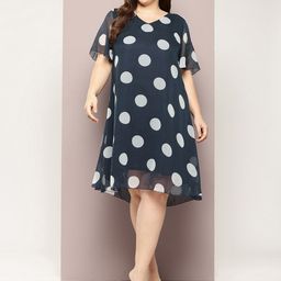 Qurvii+ Plus Size Polka Dot Print Flared Sleeve Georgette A-Line Midi Dress image 1