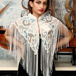 Odette White Beads Embellished Regular Fit Cape-image-13
