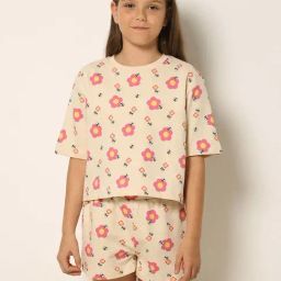 VERO MODA GIRL Cream & Pink Cotton Floral Print T-Shirt-image-73