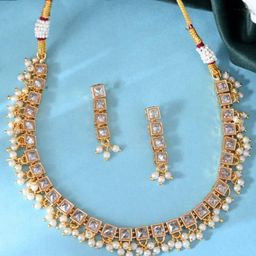 VOJ Gold-Plated Stainless Steel Stones-Studded & Beaded Choker Jewellery Set-picture-46
