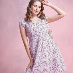 DressBerry Floral Print Puff Sleeve A-Line Mini Dress-image-60