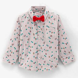 Babyhug Cotton Woven Full Sleeves Shirt with Bow Christmas Print - Blue and White-image-12