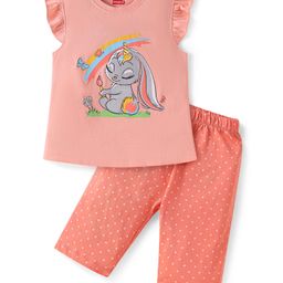 Babyhug Cotton Knit Frill Sleeves Night Suit Bunny Print - Peach-image-61