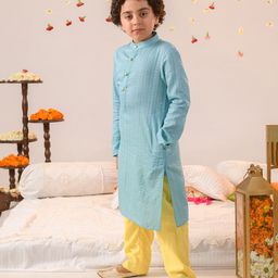 Pspeaches Full Sleeves Striped Patterned Bands Embroidered & Sequin Embellished Kurta With Pyjama - Blue-image-84