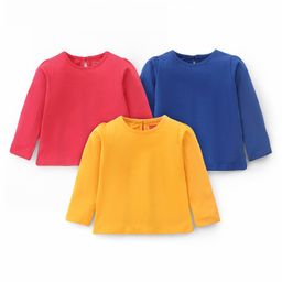 Babyhug Full Sleeves Cotton T-Shirts Solid Color Pack of 3 - Blue Red & Yellow-image-36