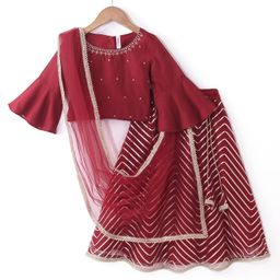 Babyhug Woven Half Sleeve Gotta Pattti Lehenga Choli And Dupatta Set With Floral Embroidery - Red-image-66