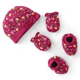 Babyhug 100% Cotton Knit Cap Mittens & Booties Set with Floral Print - Red-picture-46