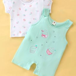 ToffyHouse Interlock Cotton Dungaree Style Romper with Inner Tee Cupcakes Printed - Sea Green & White-image-19