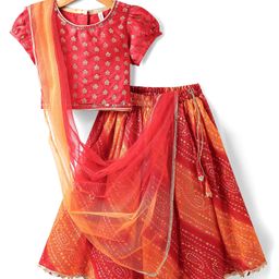 Babyhug Woven Short Puffed Sleeves Floral Embroidered Choli with Gold Bandhani Print Lehenga & Dupatta Set - Orange & Red-image-80