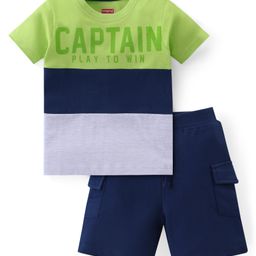 Babyhug Cotton Knit Half Sleeves Color Block T-Shirt & Shorts Set With Text Print - Multicolor-image-65