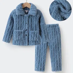 Kookie Kids Full Sleeves Winter Wear Fur Night Suit with Pocket Detailing - Blue-picture-18