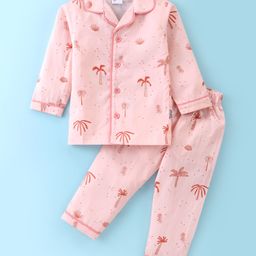 Child World Poplin Woven Full Sleeves Front Open Night Suit With Beach Theme Print - Pink-image-39