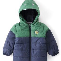 Babyhug Woven Full Sleeves Padded Hooded Jacket With Dino Patch & 3D Applique - Green & Navy Blue-image-18