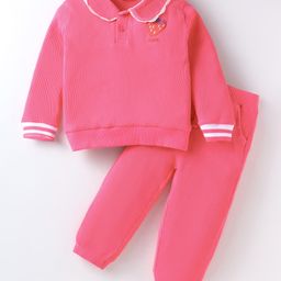 Kookie Kids Terry Knit Full Sleeves Rib Fabric Winter Wear Embroidered Top With Peter Pan Collar & Solid Color Joggers Set -Dark Pink-image-21