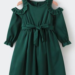 Kookie Kids Cold Shoulder Sleeves Frock With Frill Detailing - Dark Green-image-66