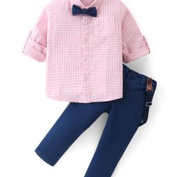 Mark & Mia Full Sleeves Checkered Shirt & Trouser Set with Bow & Suspender - Pink-image-58