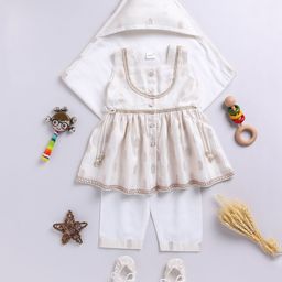 Vastramay Sleeveless Ethnic Foil Printed Kurta With Kantha Work Detailed Pant Swaddle & Booties Set - Cream-image-19