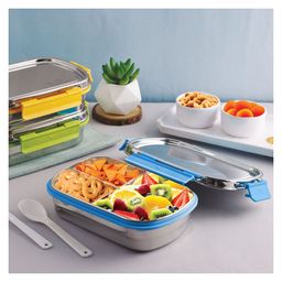 PddFalcon Munch Trio Stainless Steel Lunch Box with 3 Partition , Food Grade BPA Free, Containers with Air Tight and Leak Proof Lids, Clip Lock, Compact Sleek Tiffin Box - 750ml Turkish Blue-16