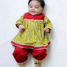 BownBee Cotton Full Sleeves Fish Printed & Lace Embellished Kurta Harem Set - Red-picture-35