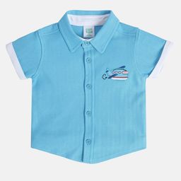 MINI KLUB Cotton Half Sleeves Aeroplane Patch Detailed Shirt - Blue-image-33